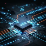 Immagine concettuale astratta che rappresenta il flusso controllato di energia elettrica attraverso un circuito avanzato con un SSPC, visualizzando le curve di protezione da sovracorrente come linee luminose dinamiche blu e arancioni su sfondo scuro, obiettivo grandangolare 20mm, lunga esposizione per scie luminose fluide, focus nitido sul componente centrale SSPC illuminato.
