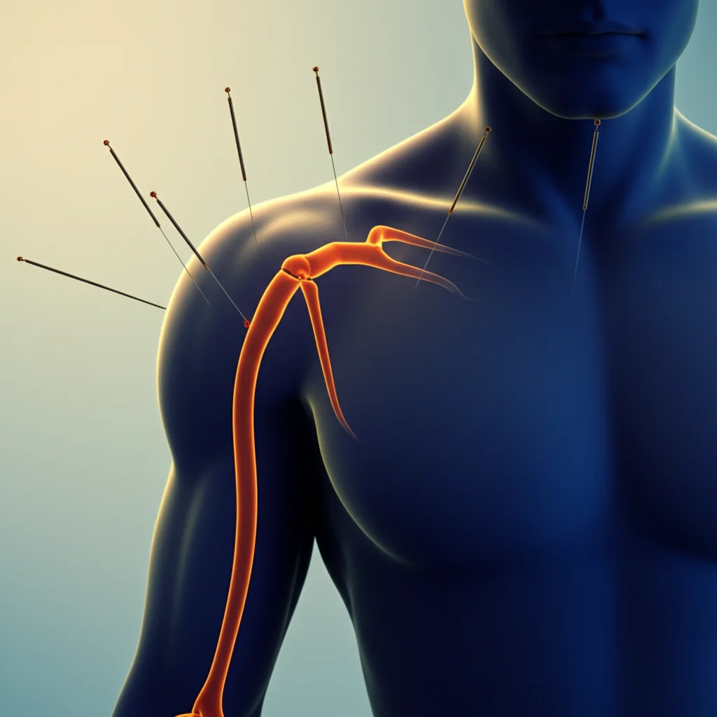 Immagine concettuale fotorealistica che sovrappone aghi di agopuntura stilizzati su uno sfondo astratto rappresentante percorsi metabolici e molecole come il citrato, illuminazione controllata con contrasto tra luci calde e fredde, obiettivo prime 35mm, effetto duotone blu e ambra, profondità di campo.