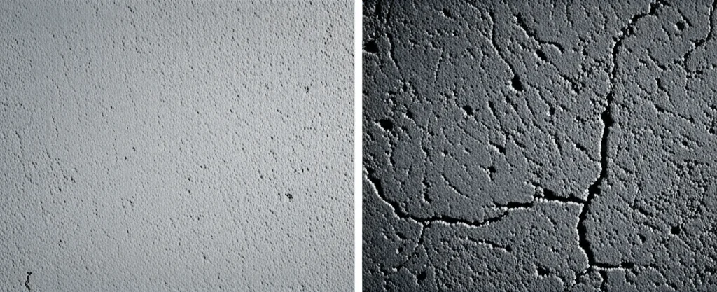 Immagine divisa verticalmente: a sinistra un primo piano di calcestruzzo di alta qualità, liscio e compatto; a destra un primo piano di calcestruzzo di bassa qualità, poroso e con microfratture. Lente macro 90mm, alta definizione, illuminazione laterale controllata per esaltare le texture, duotone grigio e blu scuro per enfatizzare il contrasto.