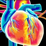 Immagine medica astratta che mostra un cuore umano stilizzato con sovrapposte mappe colorate simili a quelle di iodio della TC, obiettivo macro 100mm, alta definizione, illuminazione drammatica per evidenziare la tecnologia diagnostica avanzata PCD-CT.