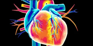 Immagine medica astratta che mostra un cuore umano stilizzato con sovrapposte mappe colorate simili a quelle di iodio della TC, obiettivo macro 100mm, alta definizione, illuminazione drammatica per evidenziare la tecnologia diagnostica avanzata PCD-CT.