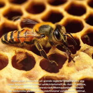 Primo piano macro di un'ape regina italiana (più grande) e una russa (leggermente più piccola) affiancate su un favo ricco di polline. Obiettivo macro 105mm, alta definizione, illuminazione naturale controllata per evidenziare la salute e la vitalità in condizioni ottimali, contrasto tra le due varietà.