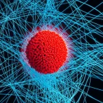 Rappresentazione artistica di un polarone di Fermi bidimensionale debolmente accoppiato: una particella impurità al centro di un gas di fermioni, visualizzando le interazioni quantistiche. Macro lens, 85mm, high detail, precise focusing, controlled lighting, sfondo scuro.