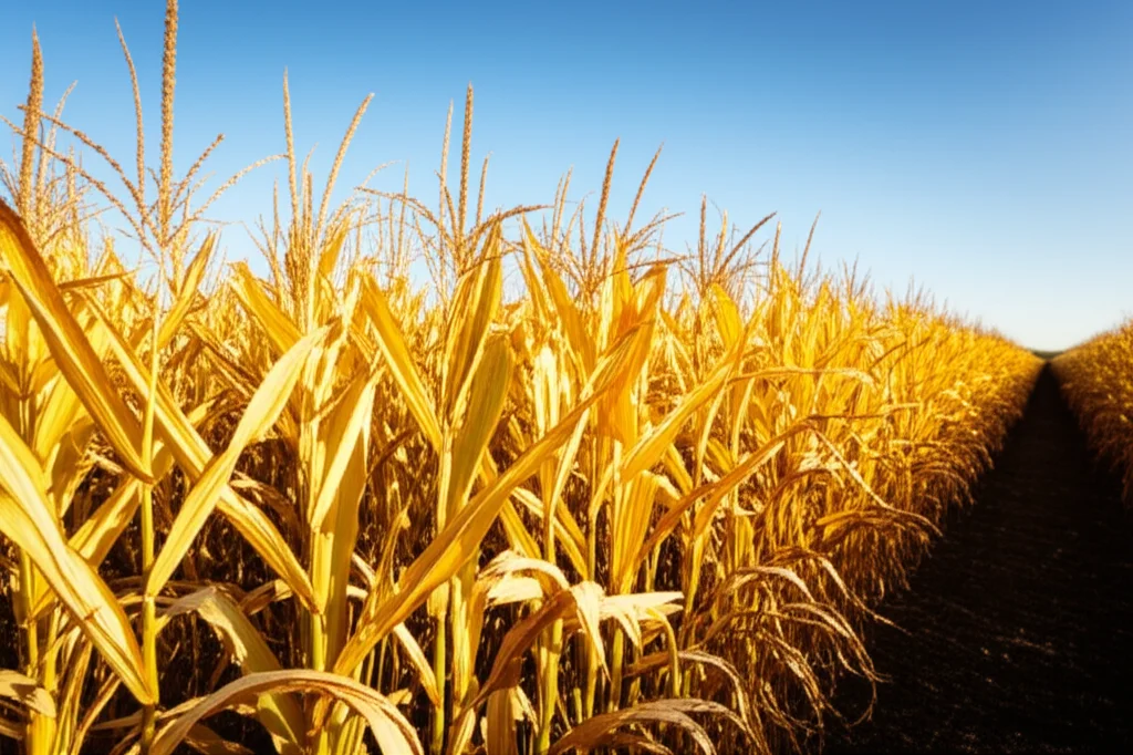 Un campo di mais rigoglioso e dorato sotto un cielo azzurro, simbolo di un raccolto abbondante grazie all'uso di pollina. Il terreno appare scuro e fertile. Landscape wide angle, 18mm, sharp focus, luce solare diretta.