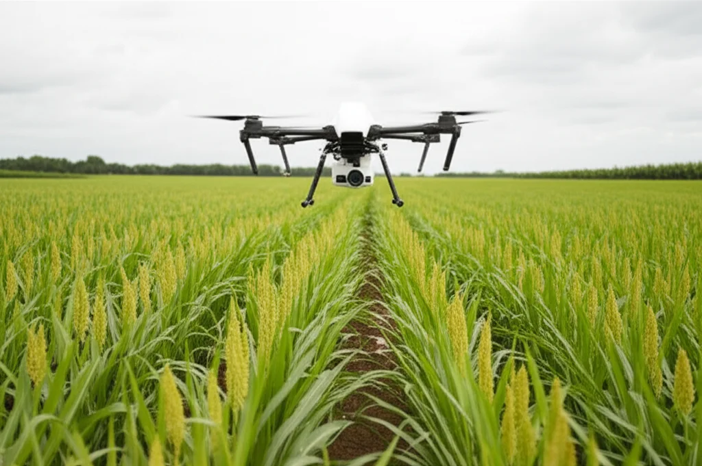 Un drone agricolo moderno sorvola un lussureggiante campo di sorgo sotto un cielo parzialmente nuvoloso, obiettivo grandangolare 20mm, messa a fuoco nitida sulle piante e sul drone, luce solare diffusa per minimizzare le ombre dure, catturando la vastità e la tecnologia dell'agricoltura di precisione.