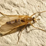 Un flebotomo (sand fly) ingrandito, posato su una superficie rocciosa tipica del Mediterraneo, con luce solare diffusa che ne evidenzia i dettagli. Macro lens, 100mm, high detail, precise focusing, controlled lighting.