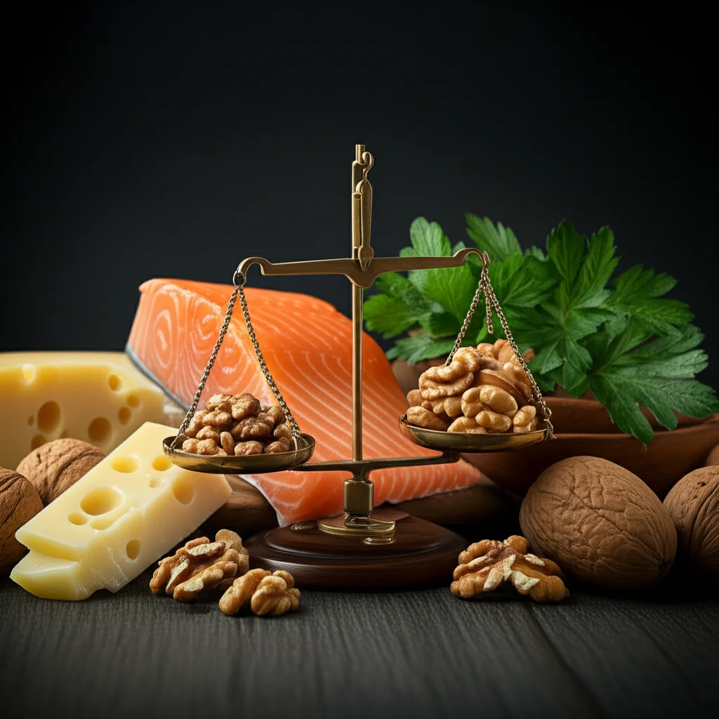 Una composizione artistica di alimenti che rappresentano grassi saturi (es. un pezzetto di formaggio stagionato, una noce di burro) e grassi polinsaturi (es. salmone, noci, semi di lino, olio d'oliva), con una bilancia simbolica al centro per indicare l'importanza dell'equilibrio. Macro lens, 80mm, high detail, controlled lighting, leggero depth of field per focalizzare sulla bilancia.