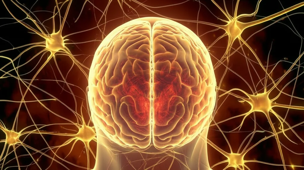 Un'immagine concettuale fotorealistica che mostra neuroni protetti da un'aura luminosa dorata (simbolo della Gastrodina) contro cellule microgliali infiammate (aspetto aggressivo, colore rosso-violaceo) in un cervello neonatale stilizzato. Lente prime da 35mm, con profondità di campo per mettere a fuoco l'interazione protettiva, duotone blu freddo per lo sfondo cerebrale e oro caldo per l'effetto della Gastrodina, a simboleggiare la scienza e la speranza.