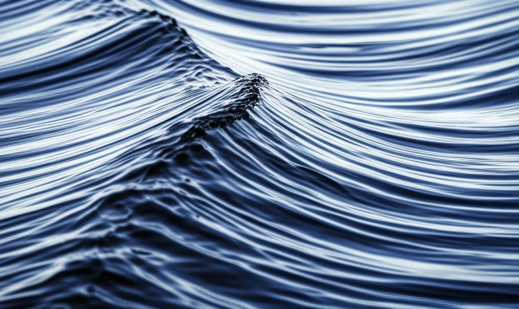 Un'onda solitaria complessa, forse un solitone di tipo 'pulse' o 'kink', che si propaga in un mezzo acquatico simulato digitalmente. La visualizzazione è altamente dettagliata, quasi una fotografia scientifica, con un obiettivo macro da 90mm per catturare la texture dell'acqua e la forma precisa dell'onda. L'illuminazione è studiata per accentuare i contorni e la dinamica del solitone, con un leggero effetto 'depth of field' per concentrare l'attenzione sull'onda stessa, in tonalità blu e grigio duotone per un effetto drammatico.