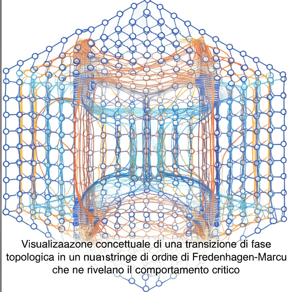 Visualizzazione concettuale di una transizione di fase topologica in un materiale quantistico, con stringhe di ordine di Fredenhagen-Marcu che ne rivelano il comportamento critico. L'immagine mostra un reticolo cristallino astratto con linee di energia che si intersecano, simboleggiando il punto critico. Obiettivo prime da 35mm, con profondità di campo per mettere a fuoco la transizione, e una palette di colori duotone blu e arancione per contrasto.