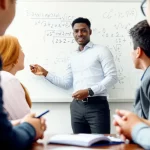 A math teacher explaining a complex concept to students, illustrating the blend of subject knowledge and teaching skill. 35mm portrait lens, depth of field.