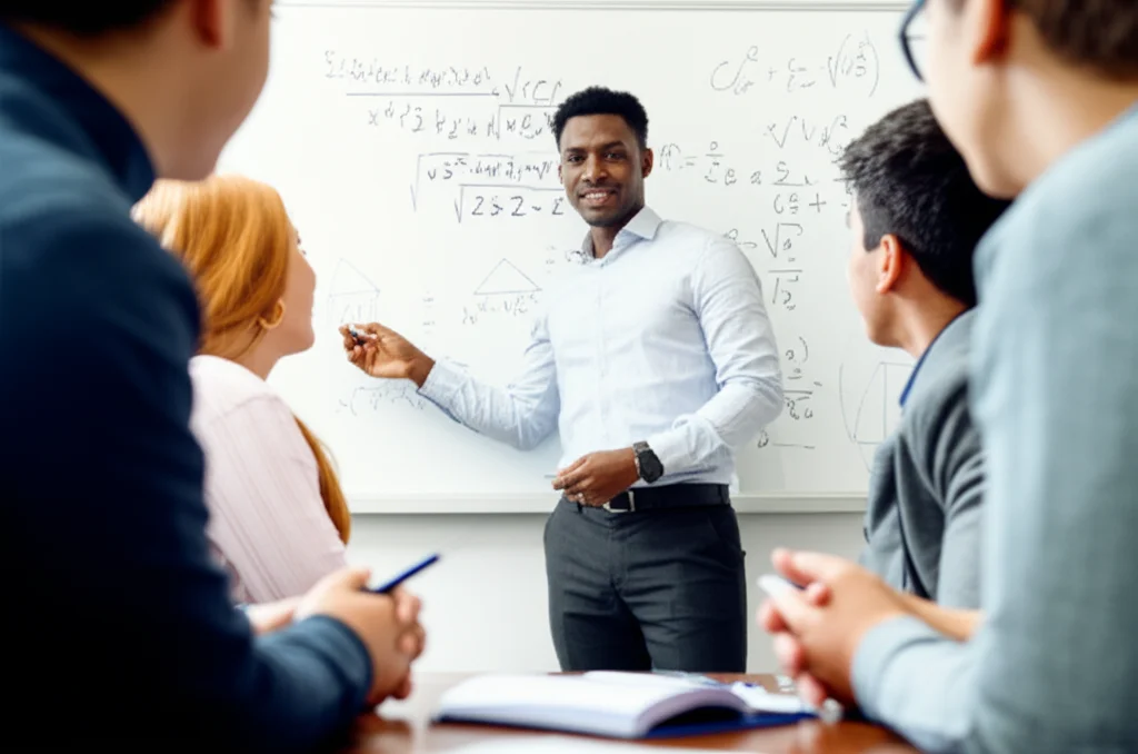 A math teacher explaining a complex concept to students, illustrating the blend of subject knowledge and teaching skill. 35mm portrait lens, depth of field.