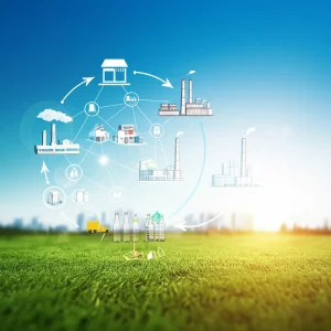 A photorealistic image using a wide-angle lens at 24mm, depicting a complex network of interconnected elements representing a closed-loop supply chain, including a factory, retail store, collection point, and recycling facility, with arrows showing product flow in a circular motion. The scene is set against a backdrop of a clear sky and green landscape, emphasizing environmental connection.