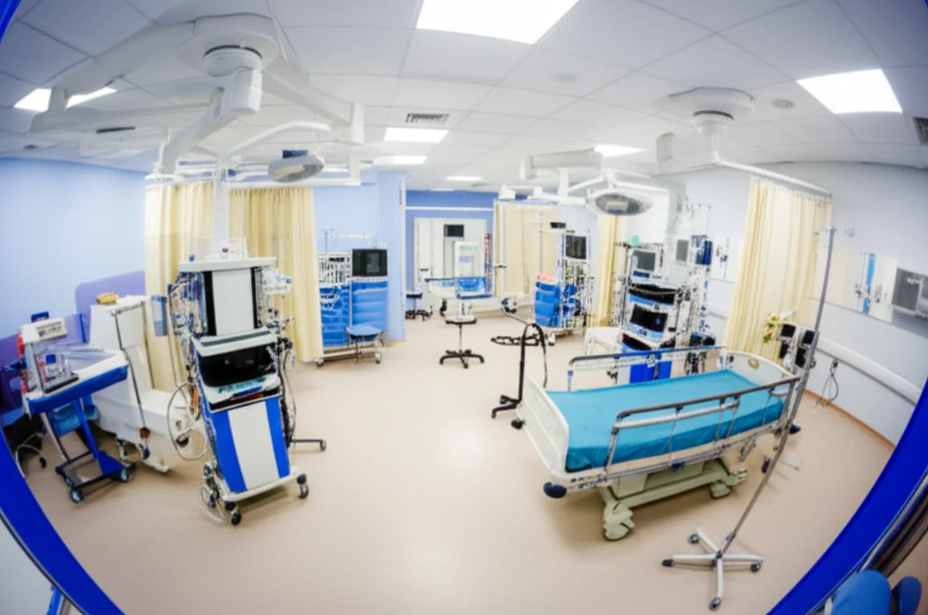 A photorealistic wide-angle shot of a state-of-the-art nursing simulation lab, empty but ready for training. Wide-angle lens, 15mm, sharp focus throughout the room, showcasing advanced mannequins and medical equipment under bright, even lighting, conveying a sense of preparedness and technological advancement in education.