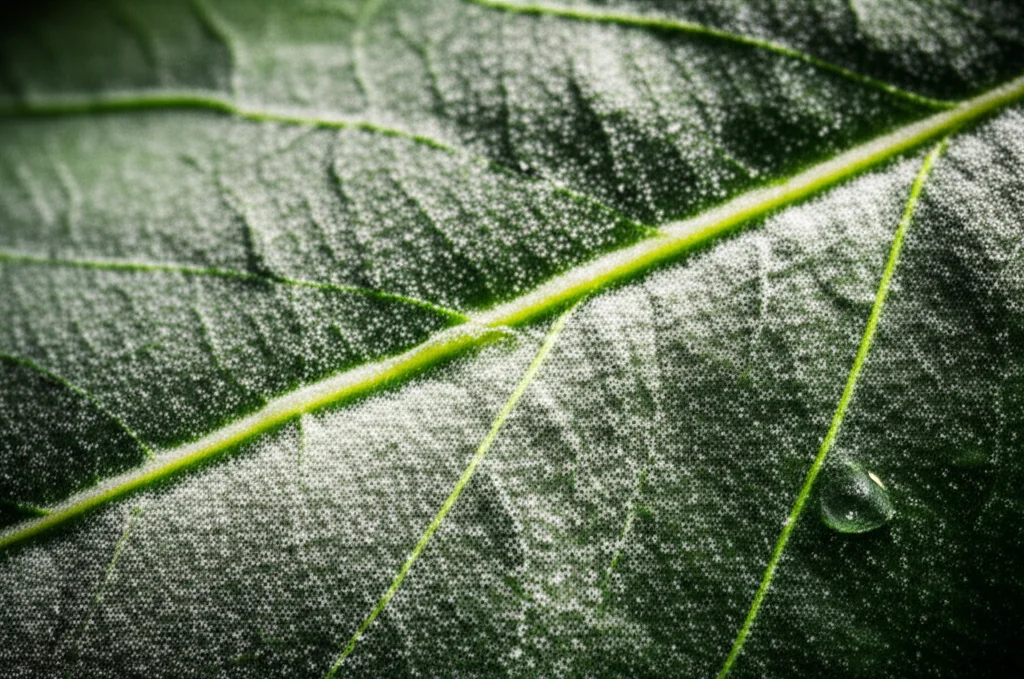 Fotografia macro di finissima polvere asiatica depositata su una foglia verde scuro, con dettagli microscopici delle particelle visibili, illuminazione diffusa per enfatizzare la texture, obiettivo macro 90mm, alta definizione, goccioline di rugiada sulla foglia per contrasto visivo.