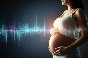 Immagine concettuale fotorealistica che mostra la fusione di dati multi-omici (grafici astratti luminosi) con l'immagine di una donna incinta serena in background, simboleggiando la predizione precoce della preeclampsia tramite IA, obiettivo 35mm, profondità di campo.