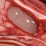 Immagine macro ad alta definizione di un modello anatomico della ghiandola surrenale con evidenziata un'area tumorale localmente avanzata che infiltra le strutture circostanti, illuminazione controllata per enfatizzare la complessità chirurgica, 100mm Macro lens, alta precisione di messa a fuoco.