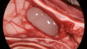 Immagine macro ad alta definizione di un modello anatomico della ghiandola surrenale con evidenziata un'area tumorale localmente avanzata che infiltra le strutture circostanti, illuminazione controllata per enfatizzare la complessità chirurgica, 100mm Macro lens, alta precisione di messa a fuoco.