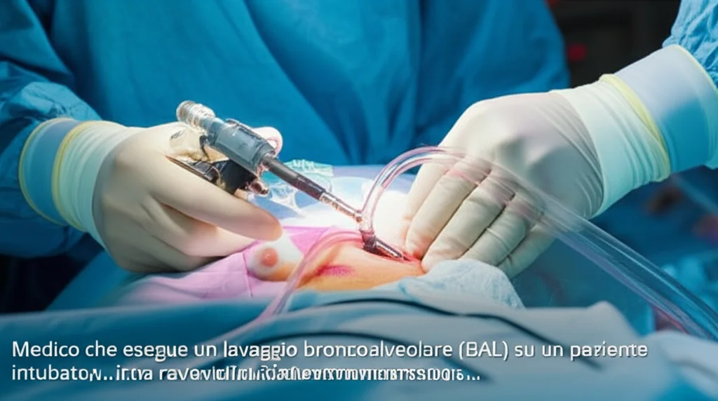 Medico che esegue un lavaggio broncoalveolare (BAL) su un paziente intubato in terapia intensiva, vista ravvicinata sulla strumentazione (broncoscopio), illuminazione clinica focalizzata, obiettivo 50mm, dettagli nitidi della procedura.