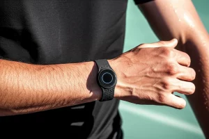 Primo piano di un braccialetto sportivo high-tech in TPU flessibile, indossato da un atleta visibilmente sudato durante un intenso allenamento all'aperto. Il sensore sul braccialetto è a contatto con la pelle. Lente prime, 35mm, profondità di campo per mettere a fuoco il braccialetto e il sudore sulla pelle, illuminazione dinamica del sole del tardo pomeriggio che suggerisce movimento ed energia.