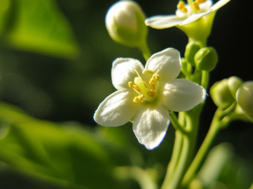Primo piano di un fiore di Schnabelia con dettagli intricati dei petali e degli stami, sfondo naturale sfocato di foglie verdi, illuminazione mattutina soffusa, obiettivo macro 105mm, alta definizione, messa a fuoco precisa.