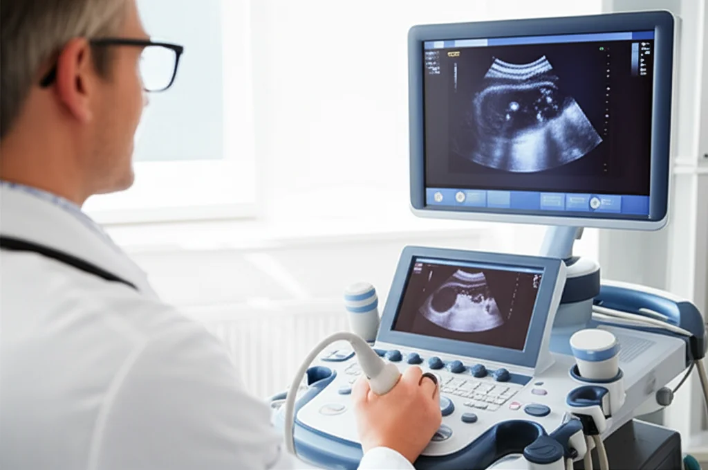 Primo piano di un medico di medicina generale che utilizza un ecografo portatile point-of-care per un esame addominale su un paziente, con lo schermo dell'ecografo ben visibile che mostra un'immagine chiara. Ambiente di studio medico moderno e luminoso, obiettivo 35mm, profondità di campo, dettagli nitidi sull'attrezzatura.