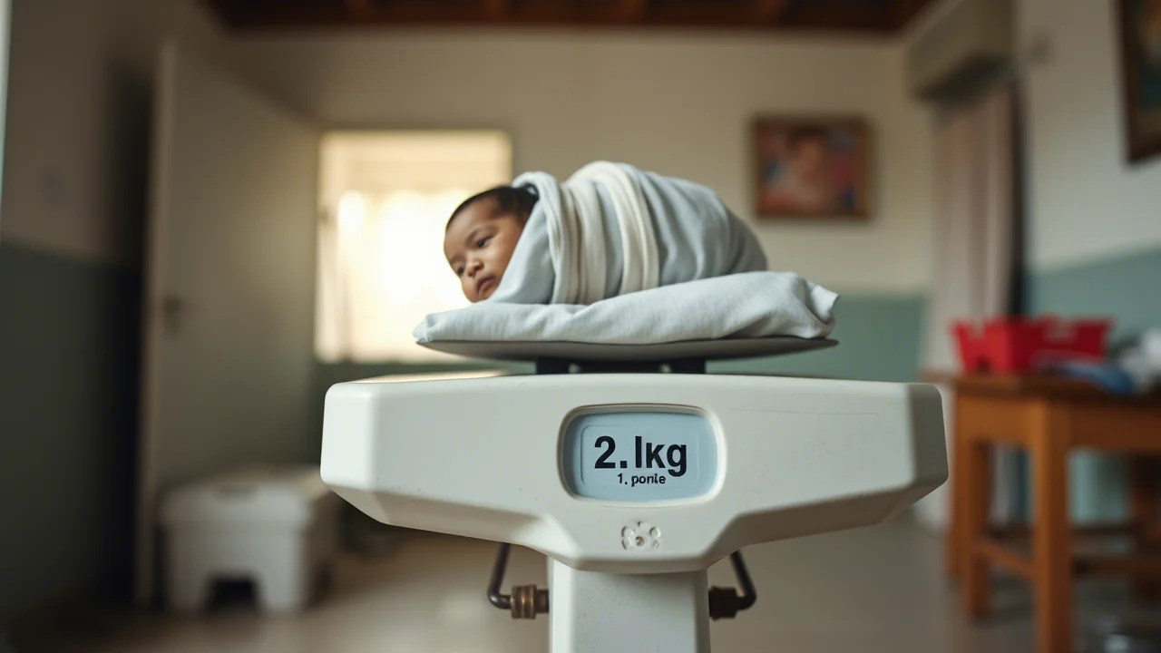 Primo piano di una bilancia medica tradizionale con sopra un fagottino che simboleggia un neonato, messa a fuoco selettiva sulla lettura del peso (sotto i 2.5kg), ambiente di una clinica essenziale in un paese a basso reddito, luce soffusa, obiettivo 50mm prime, profondità di campo per isolare la bilancia.