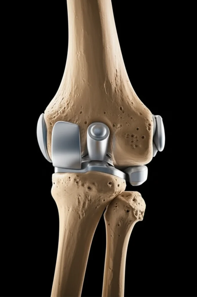 Primo piano fotorealistico di un modello anatomico di un'articolazione del gomito con una protesi totale installata, illuminazione da studio drammatica, obiettivo prime 35mm, focus sui dettagli della protesi e dell'osso circostante.