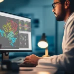 Ricercatore in laboratorio analizza dati bioinformatici su un computer, con grafici di espressione genica e modelli molecolari 3D di proteine sullo schermo. Prime lens, 35mm, depth of field, luce soffusa da laboratorio, per rappresentare l'analisi bioinformatica nel contesto della ricerca sul cancro alla tiroide.
