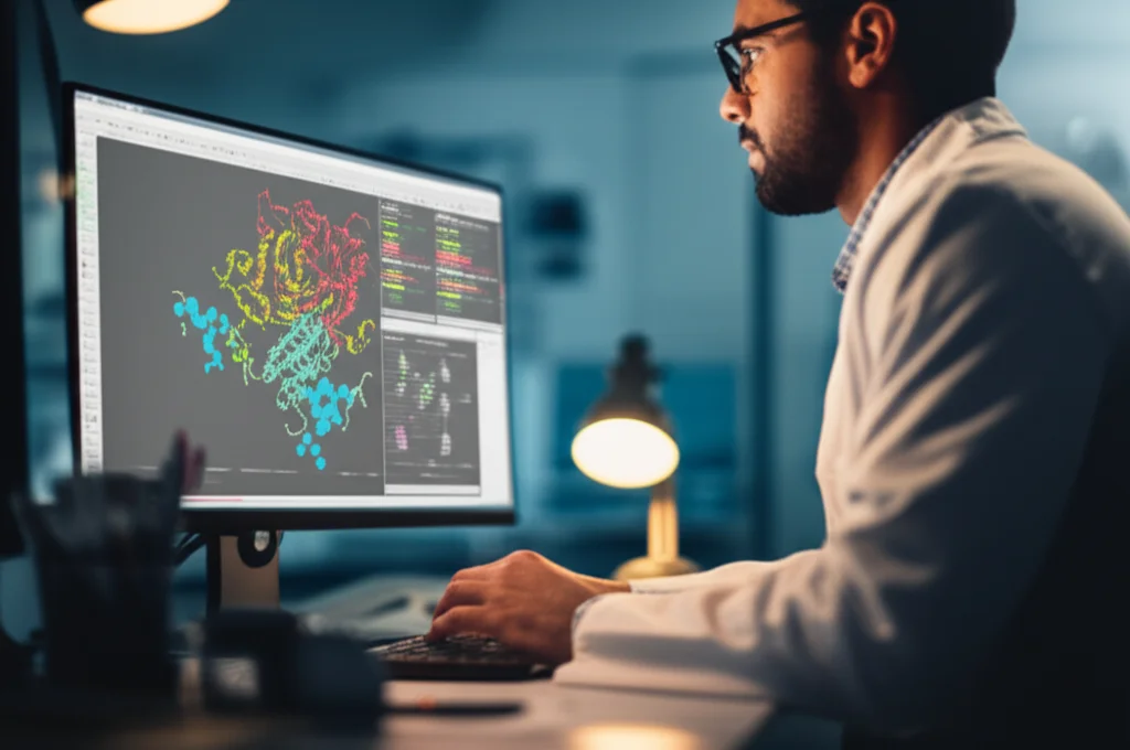Ricercatore in laboratorio analizza dati bioinformatici su un computer, con grafici di espressione genica e modelli molecolari 3D di proteine sullo schermo. Prime lens, 35mm, depth of field, luce soffusa da laboratorio, per rappresentare l'analisi bioinformatica nel contesto della ricerca sul cancro alla tiroide.
