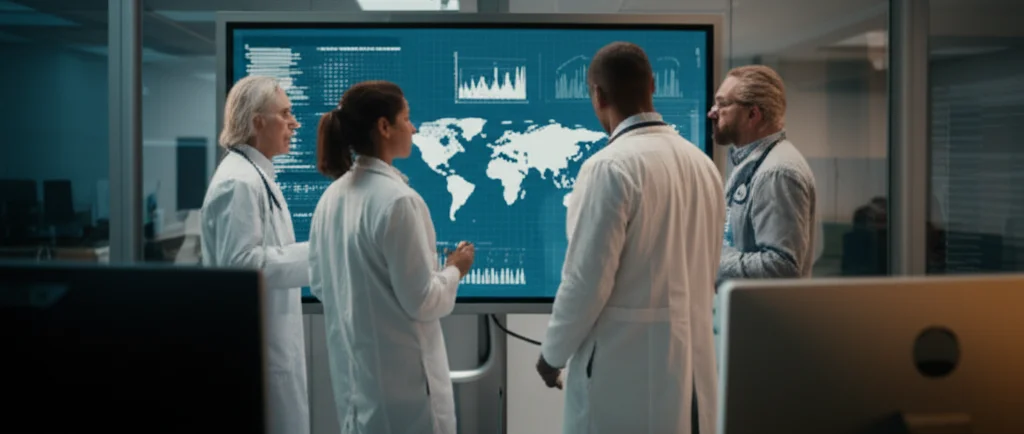 Team multidisciplinare di medici e ricercatori analizza dati globali sulle anomalie congenite muscoloscheletriche su un grande schermo interattivo in un moderno centro di ricerca, prime lens, 35mm, profondità di campo, illuminazione controllata per evidenziare la collaborazione e la tecnologia.