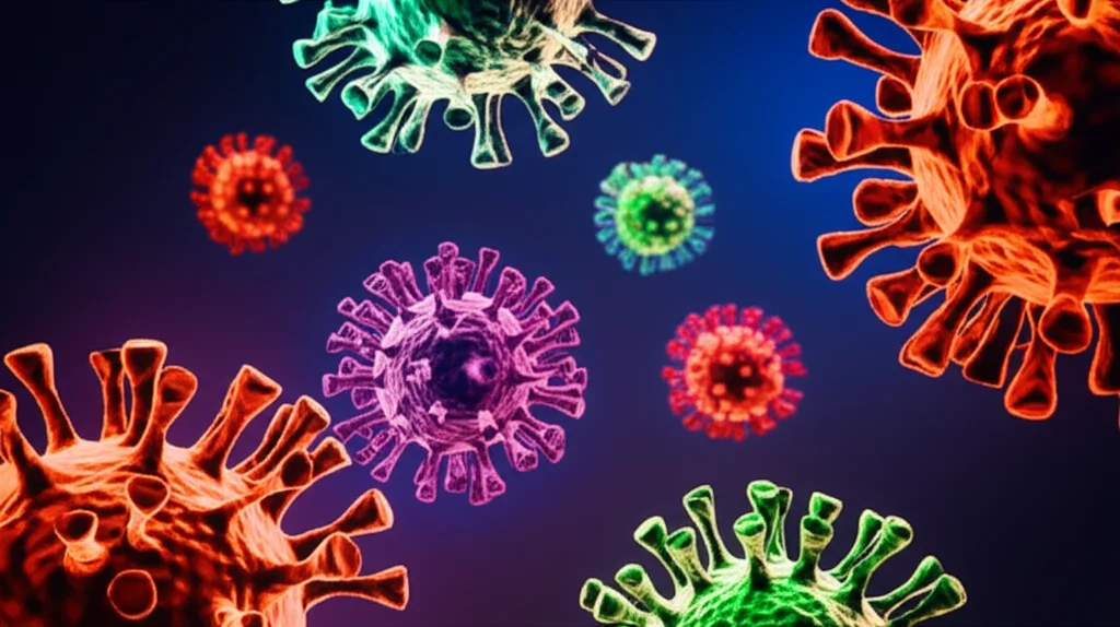 Un'immagine concettuale che rappresenta il virus SARS-CoV-2 con diverse varianti colorate che fluttuano attorno a una stilizzazione del sistema immunitario di un bambino. Illuminazione drammatica con contrasti, obiettivo macro 90mm per dettaglio sul virus, sfondo scuro per far risaltare gli elementi. Simboleggia la complessità della MIS-C e le varianti virali.