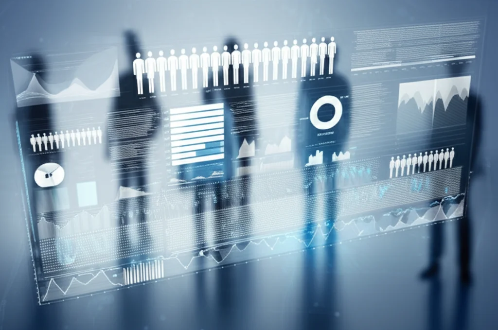 Un'immagine concettuale che rappresenta strati di dati analizzati, con figure umane stilizzate sullo sfondo a simboleggiare le popolazioni vulnerabili. Uso di un obiettivo prime da 24mm, toni duotone blu e grigio, con un effetto di profondità di campo per mettere a fuoco i dati in primo piano.