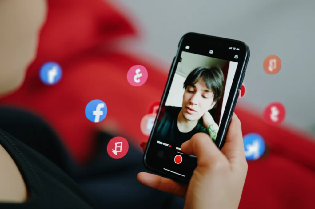 A person captivated by a short video on their phone, 35mm portrait, depth of field, showing blurred social media icons.
