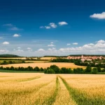 Ampio paesaggio rurale temperato in una giornata estiva soleggiata, con campi verdi e dorati, boschi e un piccolo villaggio in lontananza. Il cielo è azzurro con qualche nuvola bianca. L'immagine trasmette un senso di calore ma anche di potenziale freschezza data dalla vegetazione. Landscape wide-angle, 15mm, sharp focus, luce naturale brillante.