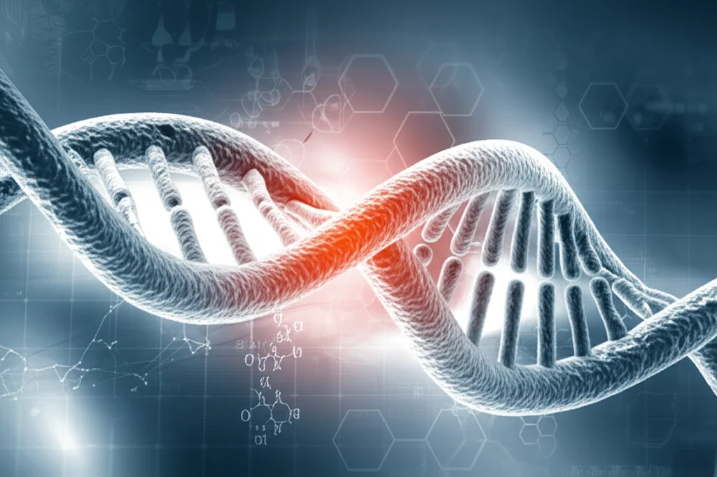 Immagine concettuale di una catena di DNA stilizzata con un focus su una sezione che rappresenta un gene, illuminata in modo prominente. Sfondo astratto con elementi grafici che richiamano la ricerca scientifica e la medicina. Prime lens, 35mm, depth of field, duotone blu e grigio, con il gene evidenziato in un colore contrastante come l'arancione.