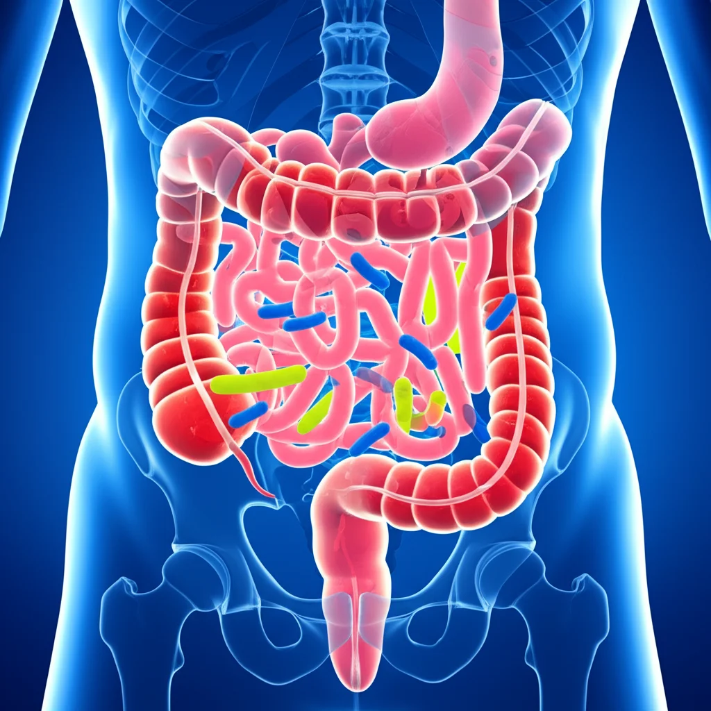 Immagine concettuale fotorealistica che mostra una sezione trasversale stilizzata dell'intestino umano con diverse colonie batteriche colorate (simbolo del microbiota), sovrapposta a una struttura ossea traslucida che mostra segni di densità variabile (simbolo di osteoporosi/salute ossea), il tutto con un leggero effetto di invecchiamento sullo sfondo, obiettivo 50mm, profondità di campo, illuminazione controllata.