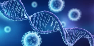 Immagine concettuale fotorealistica di un vaccino innovativo a RNA, con nanoparticelle sferiche e filamenti di RNA visibili, su uno sfondo scientifico high-tech blu e viola duotone, obiettivo macro 70mm, illuminazione da studio controllata, alta definizione, profondità di campo.