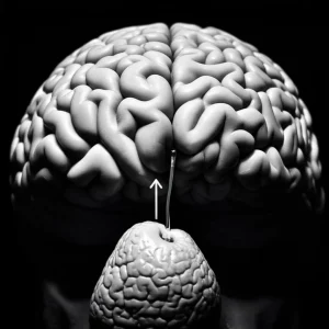 Immagine fotorealistica di un modello anatomico del cervello e della base cranica, con un macroprolactinoma evidenziato. Una freccia indica una piccola fistola da cui fuoriesce liquido cerebrospinale stilizzato. Illuminazione da studio con leggero effetto "film noir", obiettivo prime 35mm, profondità di campo che mette a fuoco il tumore e la fistola.