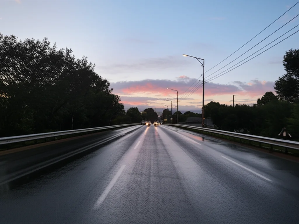 Lente grandangolare, 18 mm, un angolo leggermente basso di una moderna auto autonoma che guida su una strada asfaltata bagnata durante il giorno, una forte attenzione alla consistenza stradale e all'auto, nuvole lisce nel cielo, a lungo effetto di esposizione sulle linee stradali per suggerire il movimento.