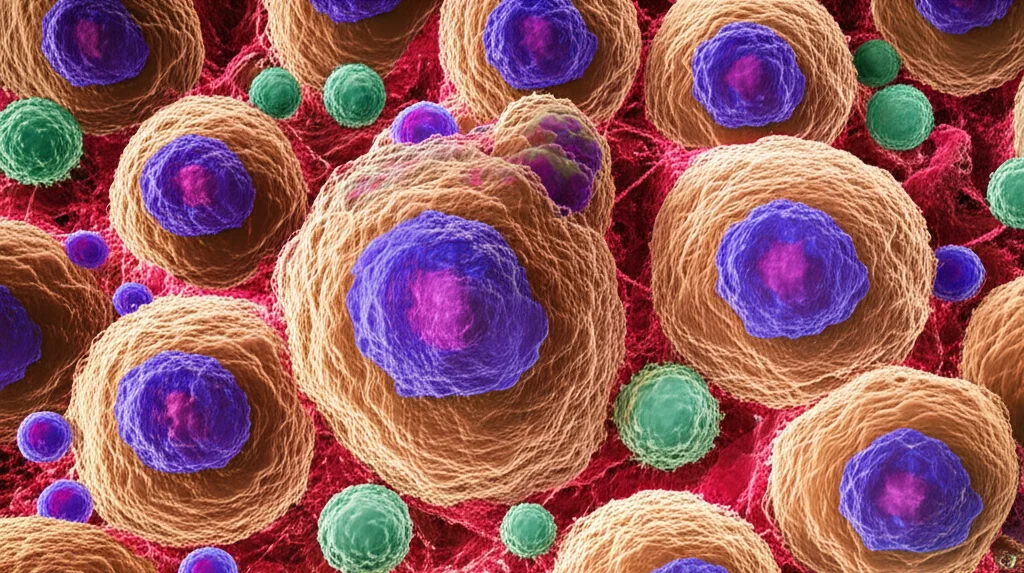 Macro lens, 105mm, high detail, precise focusing on a microscopic image of plasma cells within tumor tissue, surrounded by other immune and cancer cells, controlled lighting.