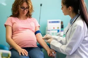 Photorealistic image of a pregnant woman having a blood sample taken by a nurse, 35mm portrait, depth of field, controlled lighting, medical setting