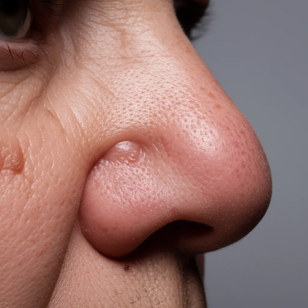 Primo piano del naso di una persona anziana con un impianto in silicone parzialmente estruso dalla punta. Dettagli della pelle e dell'impianto visibili. Obiettivo macro 100mm, alta definizione, illuminazione da studio precisa per enfatizzare la texture e la problematica medica, sfondo neutro.