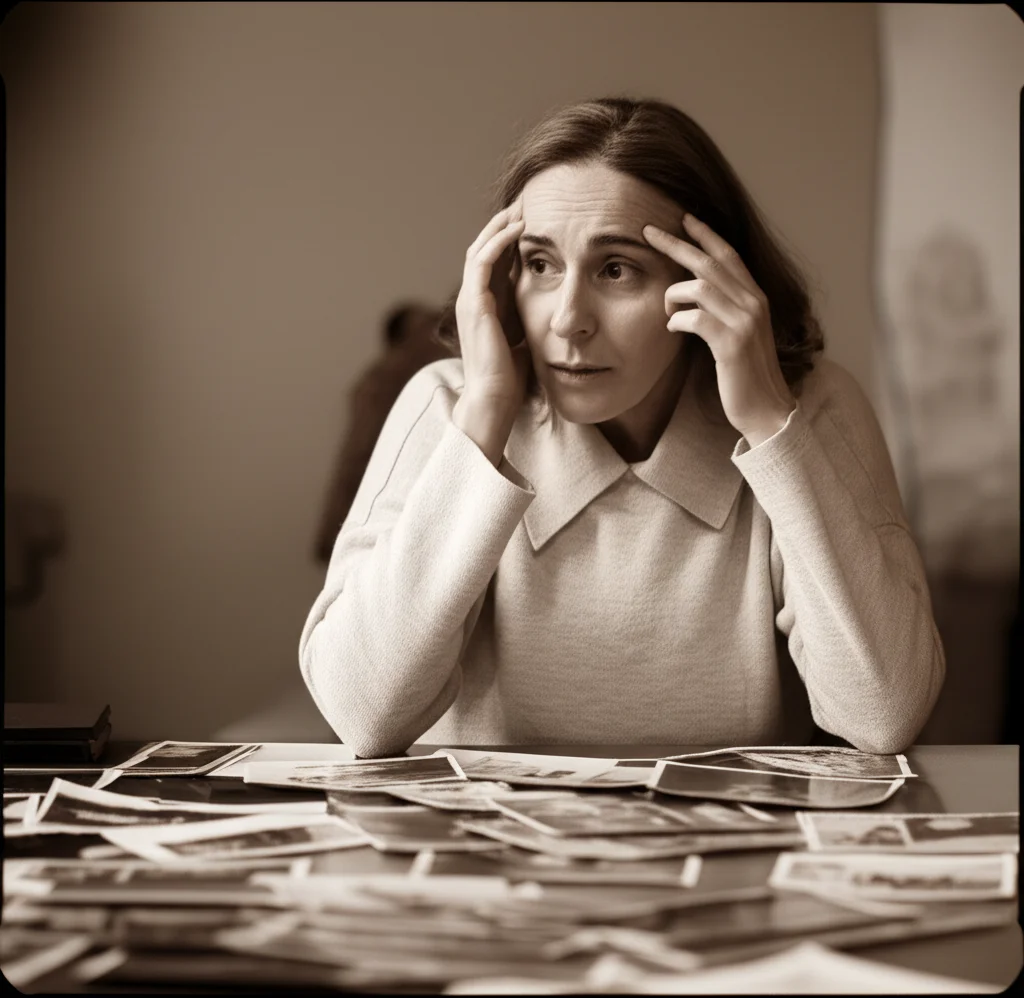 Una persona di mezza età, in un ritratto a 35mm, osserva pensierosa una serie di fotografie sparse su un tavolo, alcune a colori altre in bianco e nero, che rappresentano diverse situazioni di vita e scelte. Luci soffuse, profondità di campo che sfoca leggermente lo sfondo, duotono seppia e grigio per un'atmosfera riflessiva.