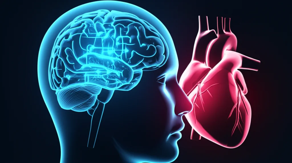 Un'immagine concettuale che mostra un cervello stilizzato con circuiti di intelligenza artificiale luminosi che si collegano a un cuore umano rosso pulsante, simboleggiando la predizione di malattie cardiovascolari tramite machine learning. Prime lens, 24mm, depth of field, film noir con accenti rossi.