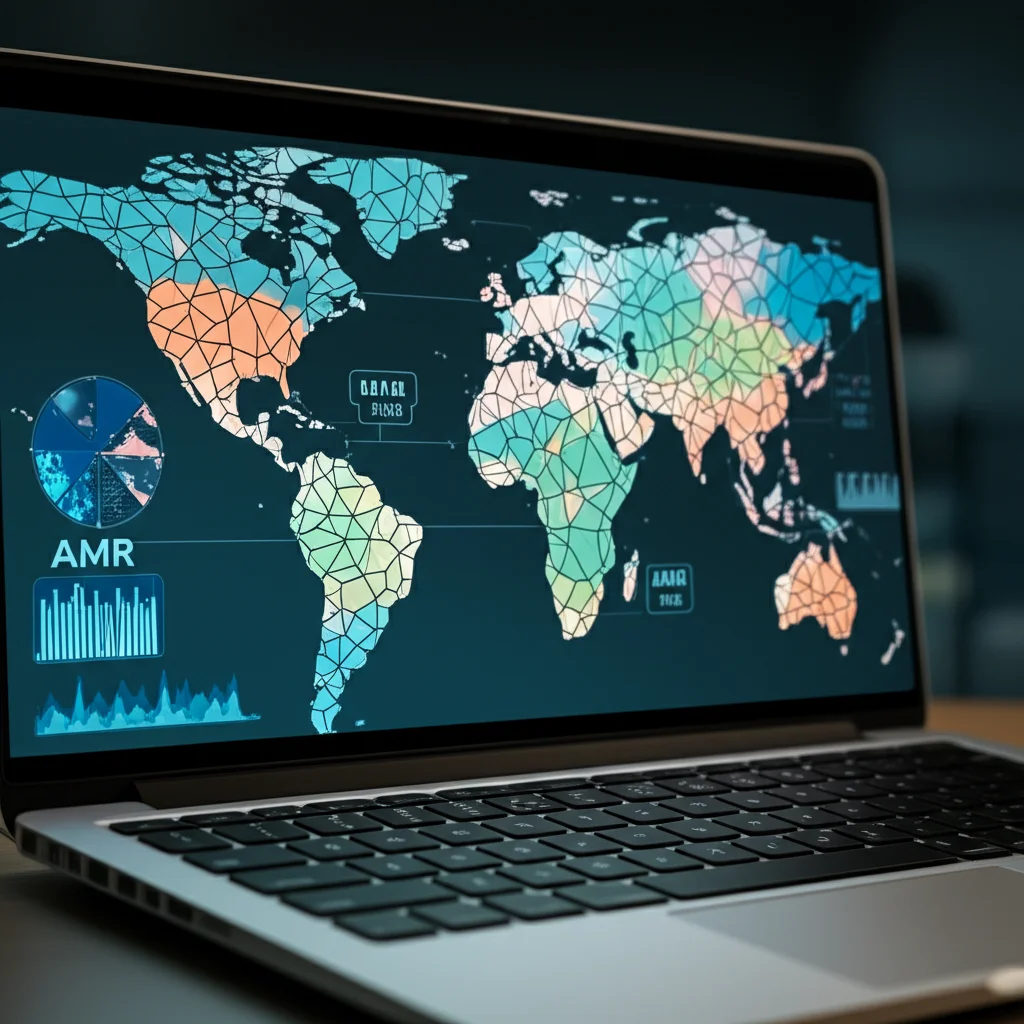 Un'immagine concettuale di dati genomici di Salmonella Typhi visualizzati su un'interfaccia dashboard futuristica, con grafici e una mappa del mondo che evidenzia i tassi di AMR, illuminazione da studio, obiettivo macro da 100mm, alta definizione, focus preciso sui dati.