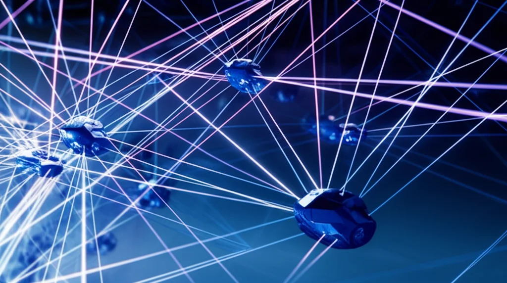 Visualizzazione artistica di una rete di comunicazione quantistica tra agenti multipli (droni stilizzati) connessi da fasci di luce entangled su uno sfondo tecnologico astratto. Obiettivo prime 35mm, profondità di campo per focalizzare sulla rete centrale, toni blu e viola duotone per un'atmosfera futuristica.
