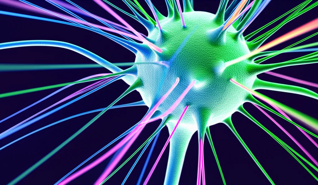 Visualizzazione artistica e fotorealistica delle connessioni corticopontine nel cervello umano. Fibre luminose di diversi colori (blu, verde, arancione) si intrecciano elegantemente su uno sfondo scuro, rappresentando i gradienti di connettività. L'immagine dovrebbe evocare la complessità e l'organizzazione delle vie neurali. Prime lens, 35mm, Depth of field, duotone ciano e magenta.