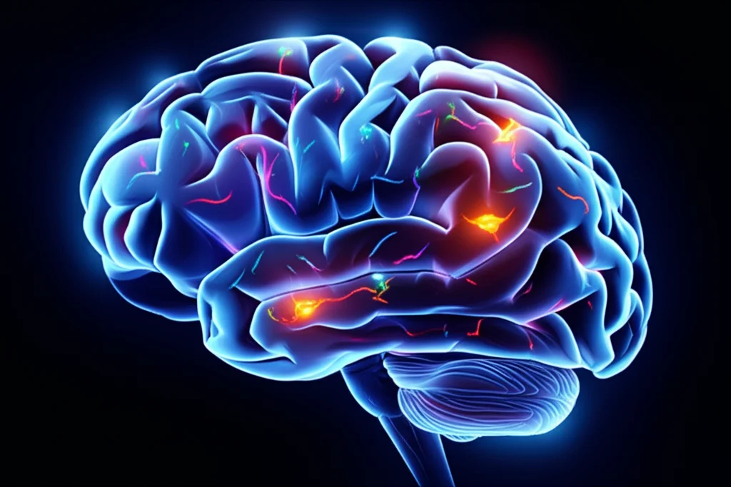 Wide-angle, 10mm, sharp focus, long exposure, una visualizzazione fotorealistica stilizzata di un cervello umano con astrociti evidenziati in un colore vibrante che mostrano percorsi di glucosio potenziati, con un sottile bagliore che indica una maggiore attività metabolica e resilienza, su uno sfondo scuro e sofisticato.