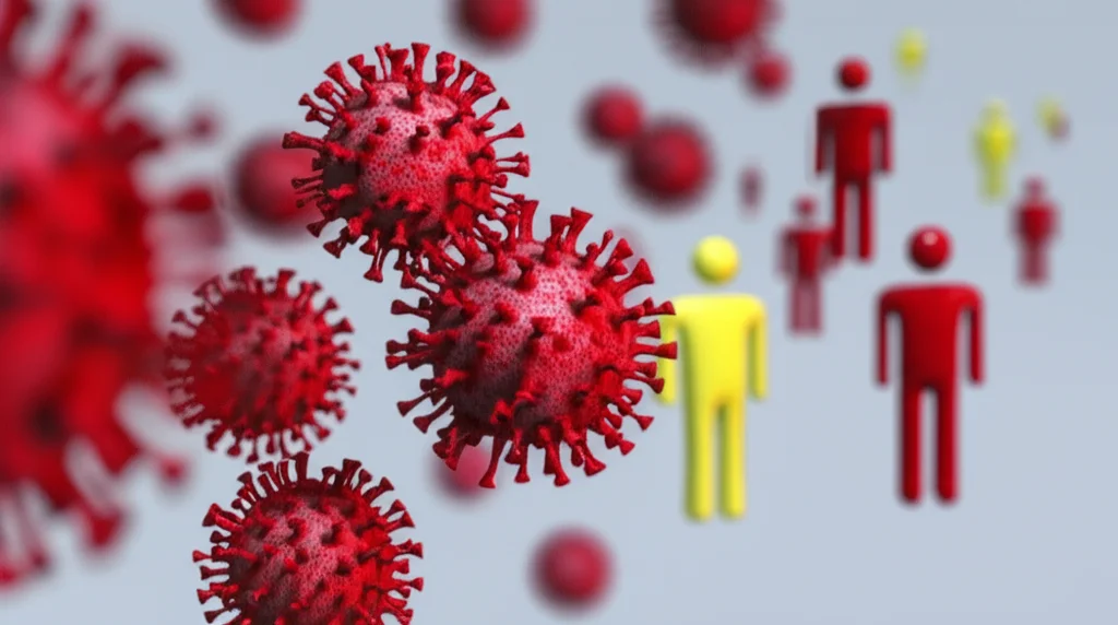 Concetto astratto della diffusione del morbillo rappresentato da particelle virali stilizzate rosse che si muovono tra gruppi di persone schematiche colorate diversamente per indicare gli stati S, E, I, R, fotografia concettuale, obiettivo 50mm prime, profondità di campo ridotta per focalizzare l'attenzione sulla trasmissione tra individui, sfondo neutro sfocato.